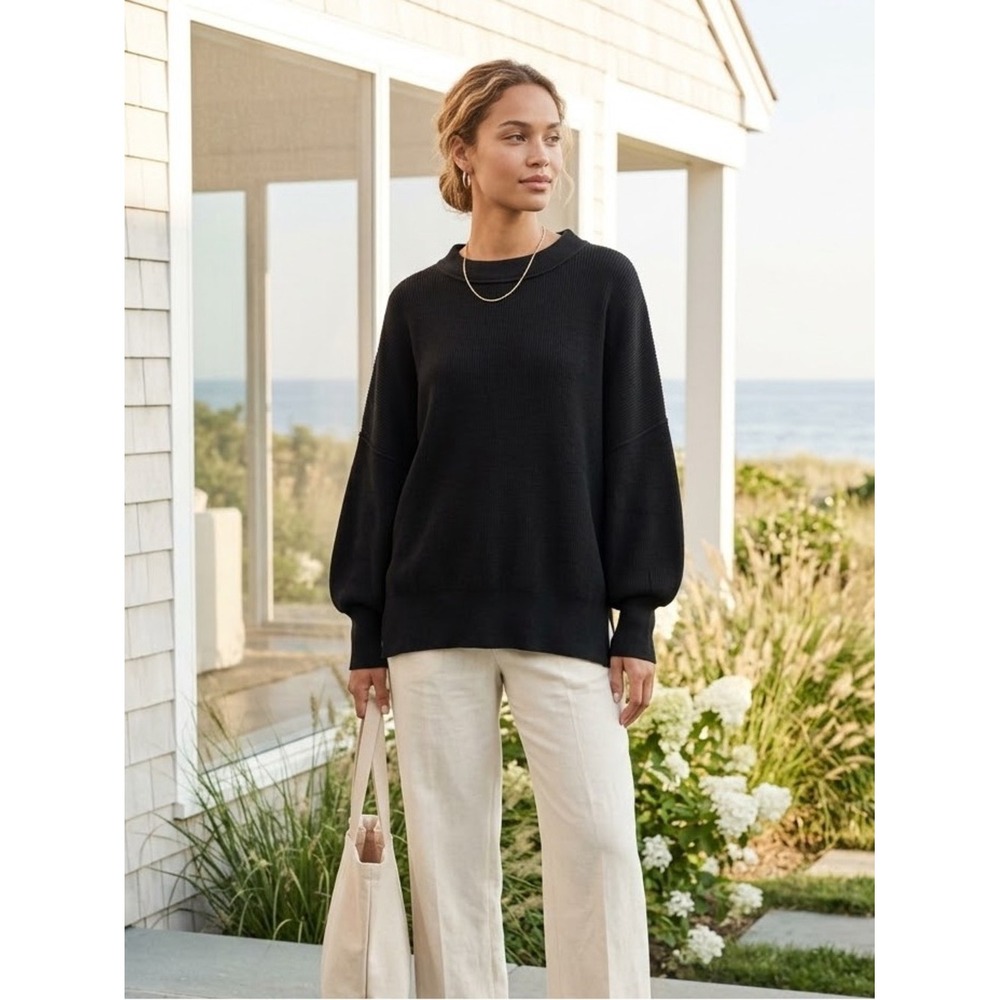 Black Oversized Ribbed Knit Crewneck Sweater M Minimalist Elevated Layering Boho